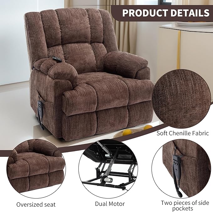 Luxlen Power Lift Recliner Chair for Elderly, Heat Massage Recliners, Dual Motor Oversized Lift Chair, Medium-Firm Electric Lift Recliners with Remote - Dark Brown