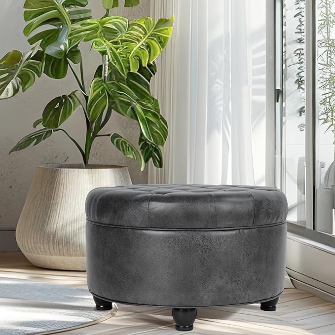 Homepop Home Decor |Button Tufted Faux Leather Round Storage Ottoman | Ottoman with Storage for Living Room & Bedroom (Gray)