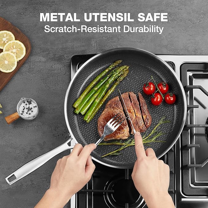 PekGema Hybird Nonstick Frying Pan with Lid 12 inch, Stainless Steel Skillet, Ceramic Non-stick Oven-Safe Chef Pan, Induction Ready, PFOA PFAS FREE Cookware