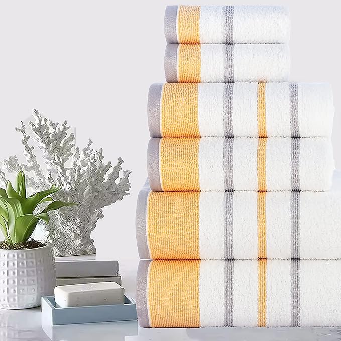 CASA COPENHAGEN White Bay, 6 Pieces Towel Set- White with Gold and Grey Border, 600 GSM, 2Bath, 2Hand, 2Washcloths Egyptian Cotton Towel for Hotel Spa Kitchen Bathroom Kitchen & Shower
