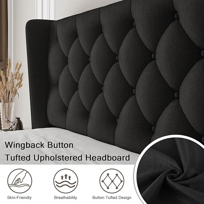 King Size Upholstered Bed Frame with Wingback Headboard, Fabric Linen Platform Bed, 8" Under Bed Storage, Wooden and Metal Slats Support, No Box Spring Needed, Black