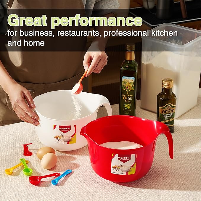 Large Mixing Bowls with Handles 3.6 qt - 2 Pc Plastic Nesting Bowls for Kitchen, Lightweight Batter Bowls, Easy to Clean + 5 Measuring Spoons Set