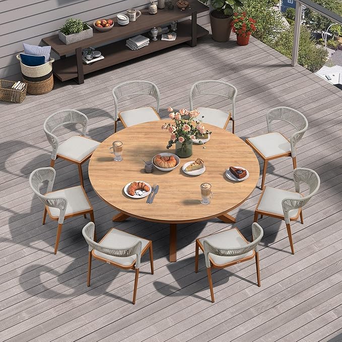 PURPLE LEAF 9 Pieces Round Patio Dining Set Outdoor Furniture with Rattan Chairs for Lawn Garden Backyard Aluminum Table Sets Deep Teak Outdoor Set
