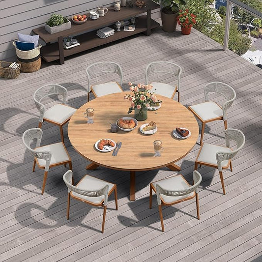 PURPLE LEAF 9 Pieces Round Patio Dining Set Outdoor Furniture with Rattan Chairs for Lawn Garden Backyard Aluminum Table Sets Deep Teak Outdoor Set