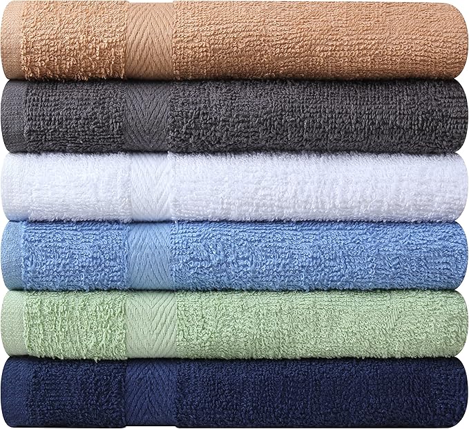 Towel and Linen Mart 100% Cotton 6 Pack Bath Towel Set, Quick Dry, Super Absorbent, Light Weight, Soft, (27 x 54 Pack of 6) Beige, White, Grey, Sky Blue, SAGE Green, Navy
