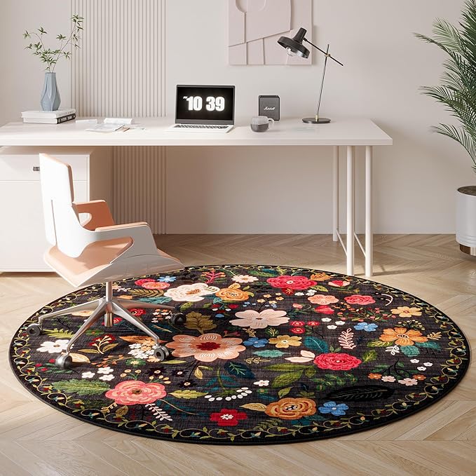 Round Rug 6ft Washable Circle Rug Non Slip Low Pile Boho Floral Small Circular Rug for Bedroom, Bathroom, Entryway, Kids Room, Office, College Dorm(Black)