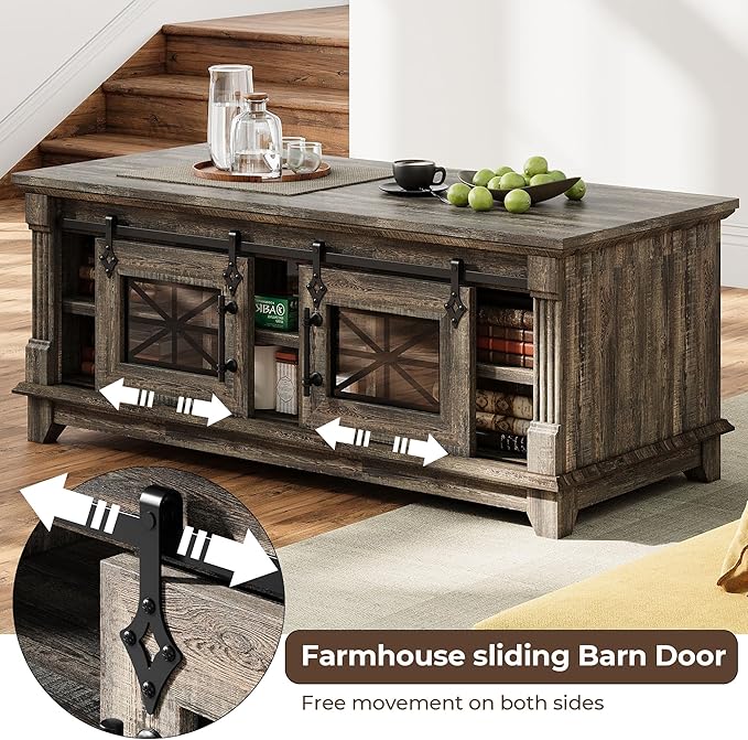 IRONCK 48'' Coffee Table with Sliding Barn Doors, Rustic Center Table with 6 Large Storage Space, Glass Doors and Adjustable Middle Shelf, Farmhouse Coffee Tables for Living Room, Meeting Room