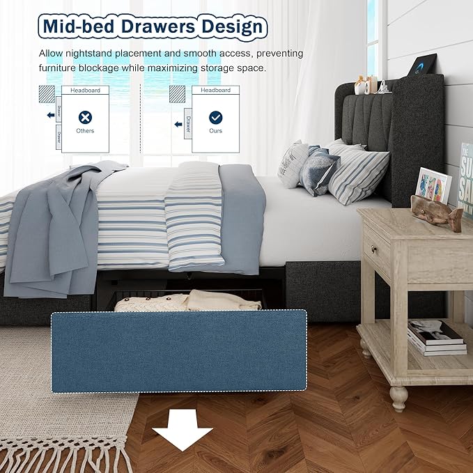 Twin Bed Frame with 4 Storage Drawers, Upholstered Platform Bed with Charging Station, Modern Wingback Storage Headboard, Easy Assembly,Noise-Free, Dark Gray