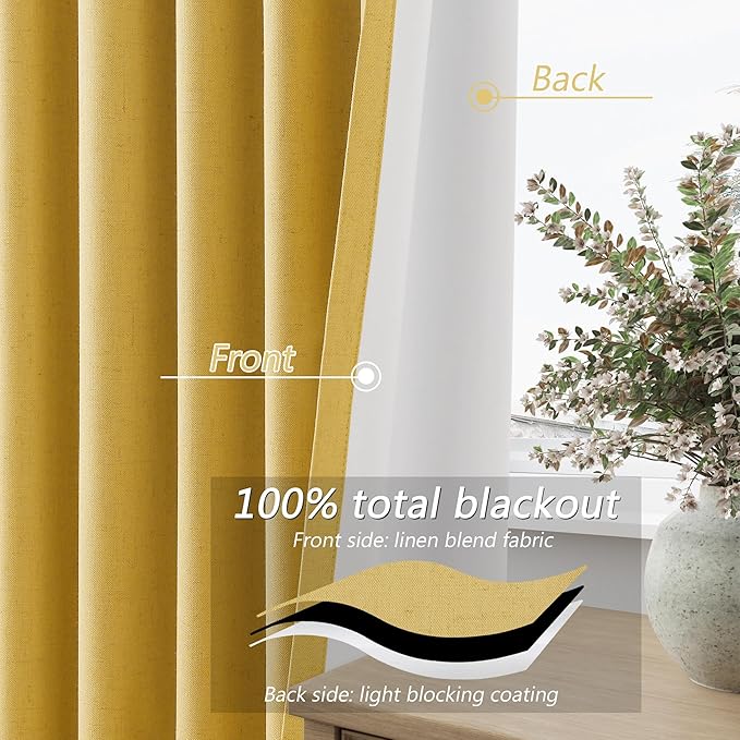 Guken Blackout Curtains 84 Inch Length 2 Panels Set for Living Room Bedroom Back Tab Thermal Insulated 100% Black Out Linen Drapes Room Darkening Window Curtains 84 Inches Long,Gold Yellow