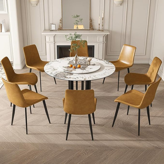 Dining Table Set with 8 Chairs, 53" Round Modern Marble Dining Table with Lazy Susan, Sintered Stone Top for Kitchen, Dining Room, Dinette