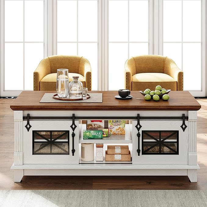 IRONCK 48'' Coffee Table with Sliding Barn Doors, Rustic Center Table with 6 Large Storage Space, Glass Doors and Adjustable Middle Shelf, Farmhouse Coffee Tables for Living Room, White