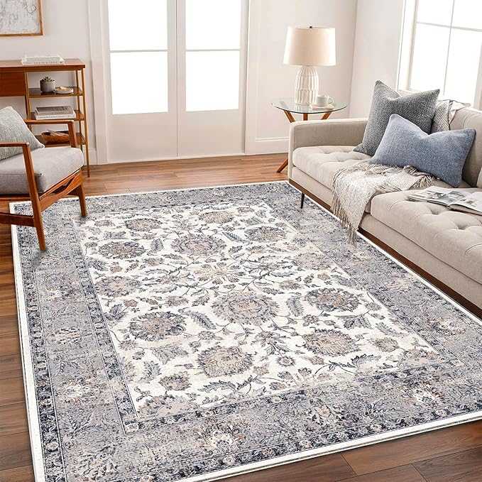 Washable Area Rug 4x6 Rugs for Living Room Retro Flowers Machine Non-Slip Bedroom Rug Vintage Trellis Throw Rug Distressed Carpet for Dining Room Office Carpet