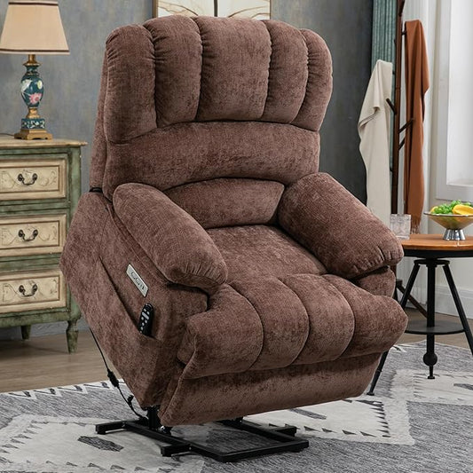 Large Power Lift Recliner Chair with Massage and Heat for Elderly, Ergonomic Backrest, Infinite Adjust, 2 Side Pockets,USB and Type-C Ports, Chenille Brown