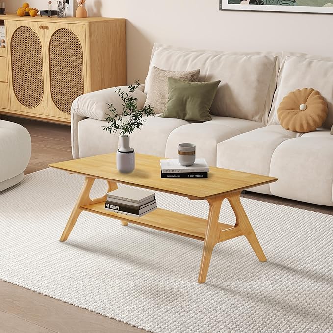Roundhill Furniture Arona Mid-Century Modern Wood Shelf Coffee Table, Natural Oak Finish