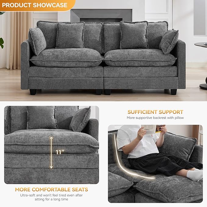 76'' Cloud Deep Seat Loveseat, Upholstered Chenille Modular 2-Seats Sectional Sofa Couch, Modern Comfy Settee Loveseat for Living Room Set, Small Apartment, Grey