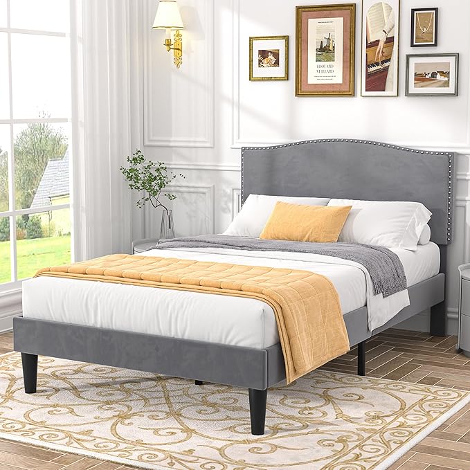 VECELO Twin Bed Frame Platform Bed Frame with Upholstered Headboard, Strong Frame and Wooden Slats Support, Strong Weight Capacity, Non-Slip and Noise-Free, Easy Assembly,Grey