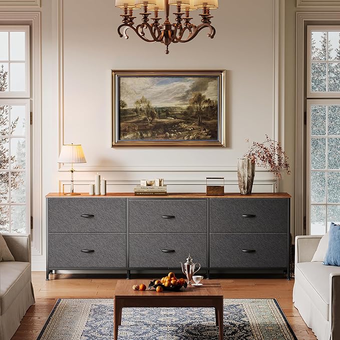 Huuger 63 Inch Long Dresser for Bedroom, Wide TV Stand for 55, 65, 70 Inch TV, 6 Drawer Dresser for Closet with Fabric Drawers, Storage Organizer for Bedroom, Entryway, Rustic Brown and Black