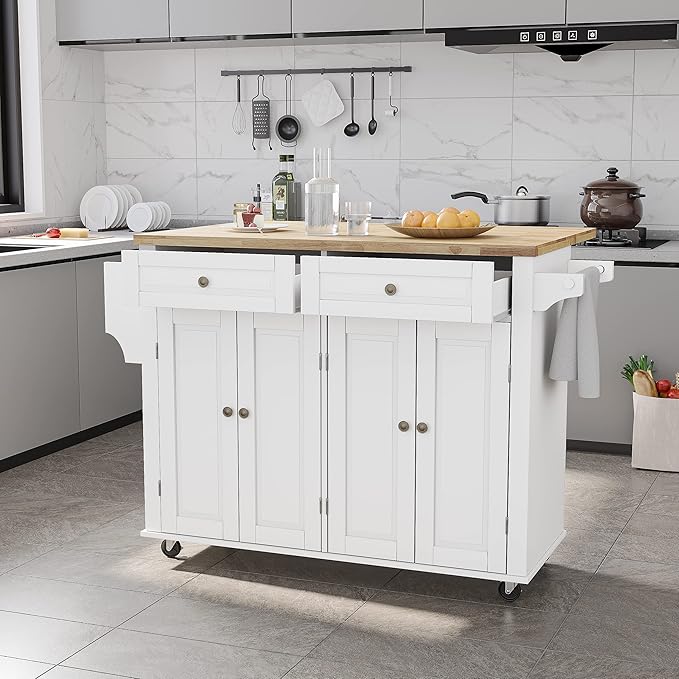 Kitchen Cart with Wood Top and Drop Leaf Breakfast Bar, Rolling Mobile Kitchen Island Table on Wheels with Drawer and Storage Cabinet, Spice Rack, Towel Rack, White