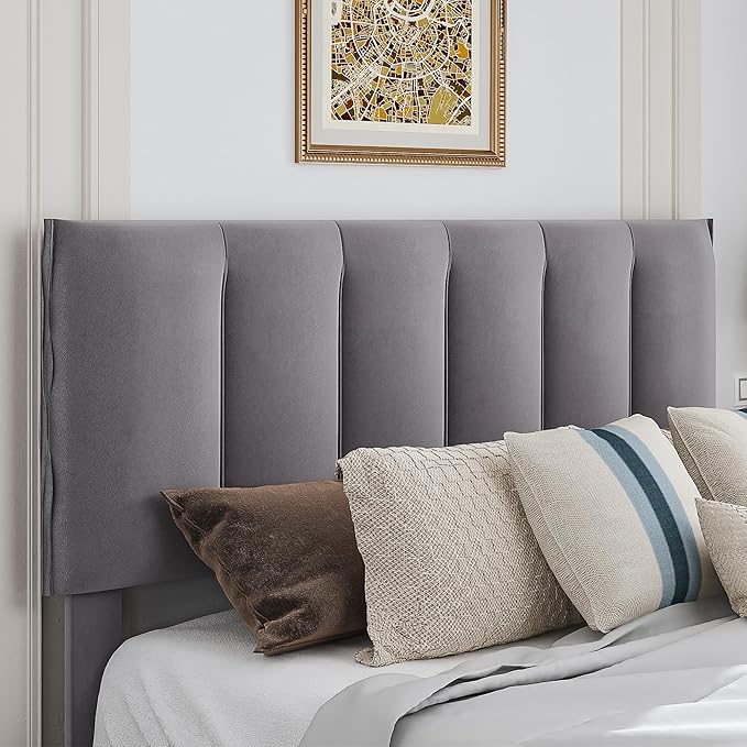 VECELO Queen Upholstered Bed Frame with 4 Storage Drawers and Adjustable Velvet Headboard, Heavy-Duty Platform bedframe, No Box Spring Needed, Dark Grey