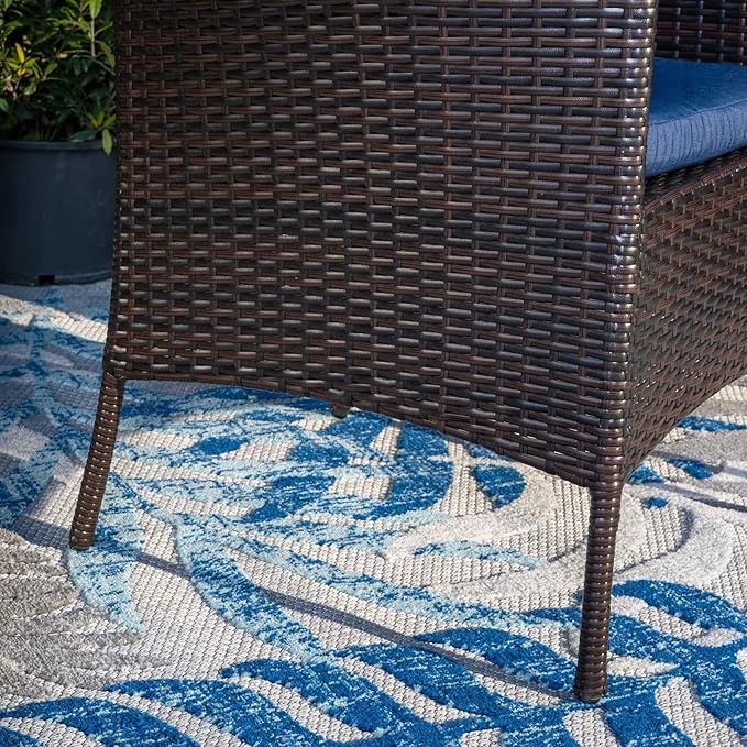 PHI VILLA 5 Piece Outdoor Round Dining Table Set for 4, 42” Metal Dining Table with Umbrella Hole & 4 Cushioned Wicker Chairs for Patio, Deck, Yard, Porch