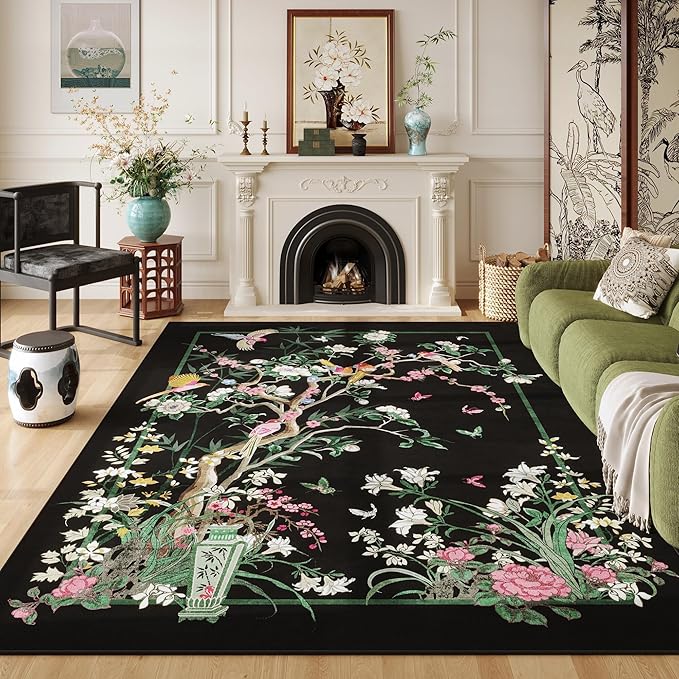5x7 Area Rugs Chinoiserie-Style Floral Vintage Large Washable Rug Non Slip Low Pile for Living Room, Bedroom, Farmhouse, Dining Room, Kids Playroom, Black
