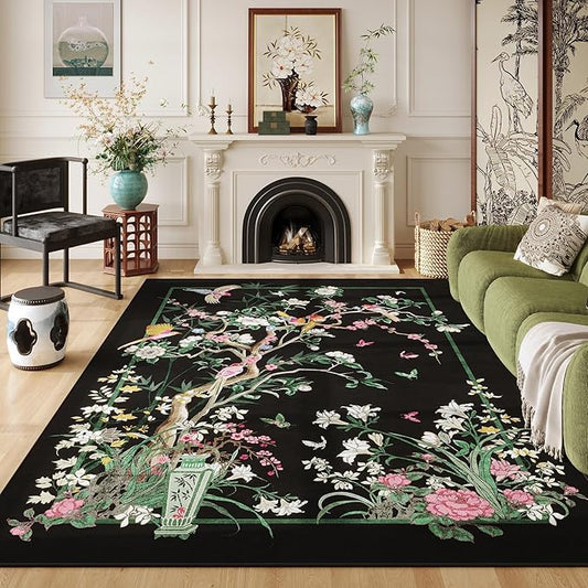 Area Rugs 8x10 Clearance Chinoiserie-Style Floral Vintage Machine Washable Non Slip Low Pile Large Rug for Bedroom, Farmhouse, Dining Room, Kids Playroom, Black