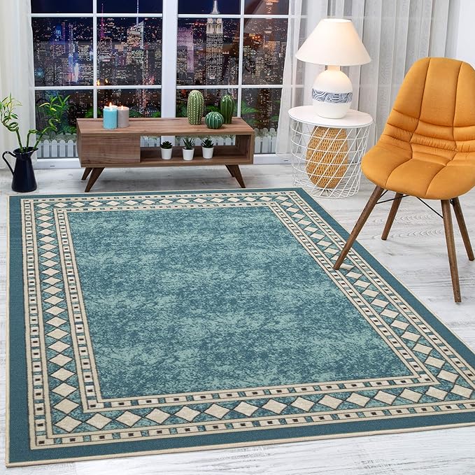 Antep Rugs Alfombras Modern Bordered 4x6 Non-Skid (Non-Slip) Low Profile Pile Rubber Backing Indoor Area Rugs (Blue, 4' x 5'8")