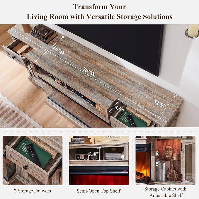 Farmhouse Electric Fireplace TV Stand for TVs up to 80", Entertainment Center with 36" 3-Sided Glass Electric Fireplace & LED Lights, 70-inch TV Console for Living Room,Purple Oak