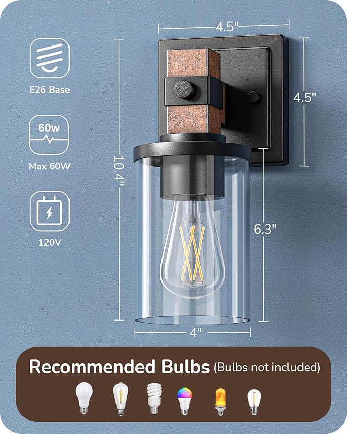 EDISHINE Wall Sconces Set of 2, Farmhouse Vanity Lights Fixtures for Bathroom, 1-Light Faux Wood Rustic Bath Wall Mount Lamp with Clear Glass Shade for Hallway, Living Room, Mirror, Kitchen