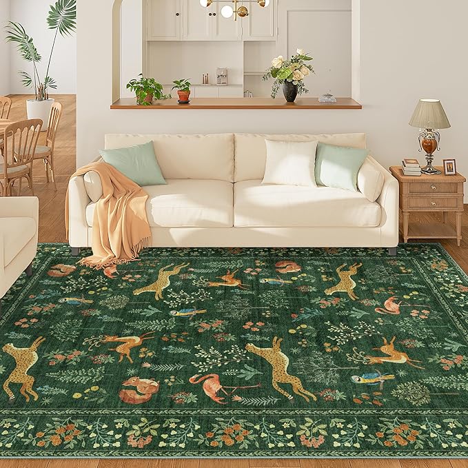 DUKINO 8x10 Rug, Washable Animal Living Room Rug with Non Slip Vintage Design, Soft Low Pile Large Carpet for Bedroom, Nursery, Dining Room, Farmhouse, Playroom, Green