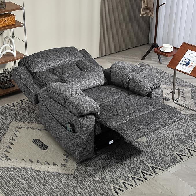 Big Man Power Lift Recliner for Elderly Adults 28 Inch Wide Seat, Lay Flat Lift Chair with Heat Massage, Flip Arm Storage Cup Holders, USB Type C Charging (Grey Chenille)