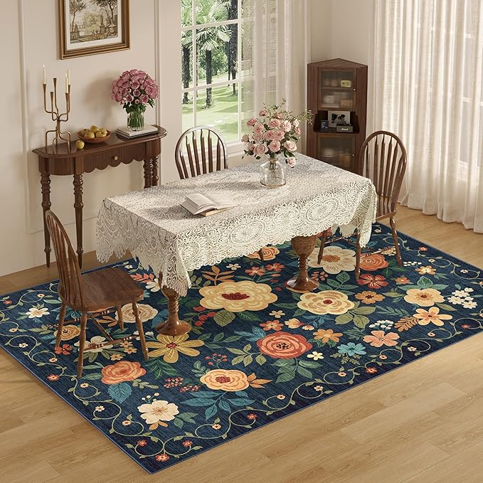 DUKINO 6x9 Area Rug, Floral Rugs for Living Room, Lightweight Non Slip Washable Rug, Indoor Low Pile & Non-Shedding Boho Design Rugs for Bedroom, Living Room, Dining Room, Dark Blue