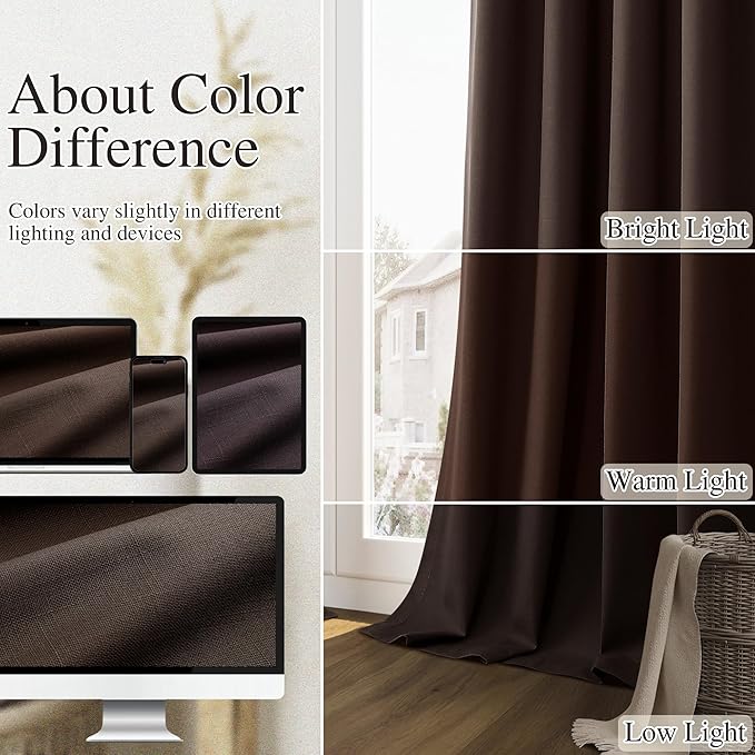 Guken Brown Blackout Curtains 72 Inch Length 2 Panels Set for Living Room Bedroom Back Tab Thermal Insulated 100% Black Out Linen Drapes Room Darkening Window Curtains 52 Inches Width