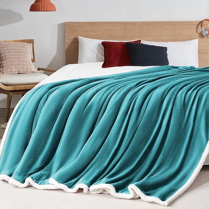 BEAUTEX Sherpa Fleece Throw Blankets, Soft Fluffy Flannel Plush Blanket and Throw, Fuzzy Cozy Cuddle Blankets for Couch Bed Sofa Adults (50" x 60", Harbor Blue)