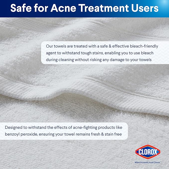 CLOROX Bleach Friendly Towel Set, Quick Dry 100% Cotton Highly Absorbent Lightweight, 2 Bath, 2 Hand, 2 Washcloth Towels Ideal for Everyday Use (6 Pack, White)