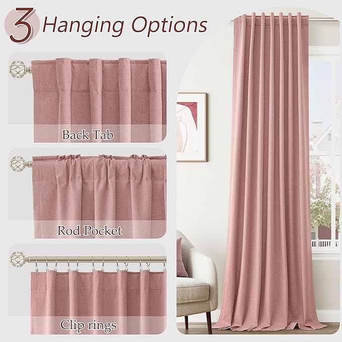 Guken Blush Pink Linen Blackout Curtains 72 Inch Length 2 Panels Set for Living Room Bedroom Back Tab Thermal Insulated 100% Black Out Linen Drapes Room Darkening Window
