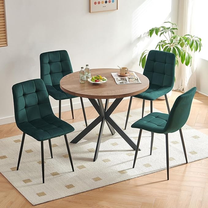 5-Piece Round Dining Table Set - Kitchen Table Chairs Set of 4 with Green Velvet Upholstered Chairs -Dining Table Set for 4
