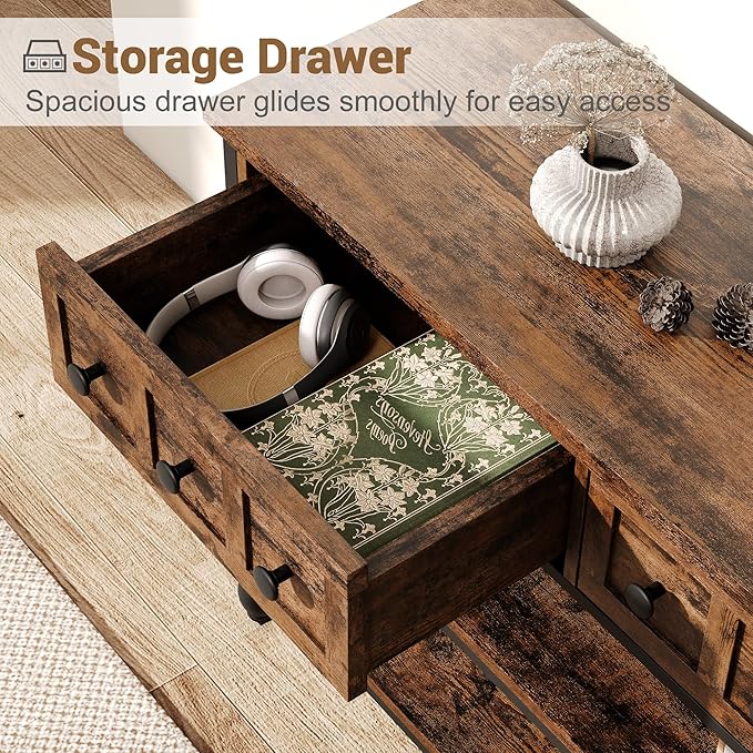 GarveeHome 52" Console Table, Entryway Table with 3 Storage Drawers, 3 Tier Industrial Metal Sofa Table, Behind CouchTable, Hallway Table for Entry, Living Room-Retro Brown