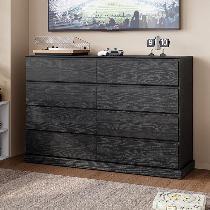 LINSY HOME 10 Drawer Dresser for Bedroom, 53" Wide Chest of Deep Drawers, Modern Farmhouse TV Stand Dressers with Storage, Large Drawer Organizer for Bedroom, Living Room, Handless Design, Black