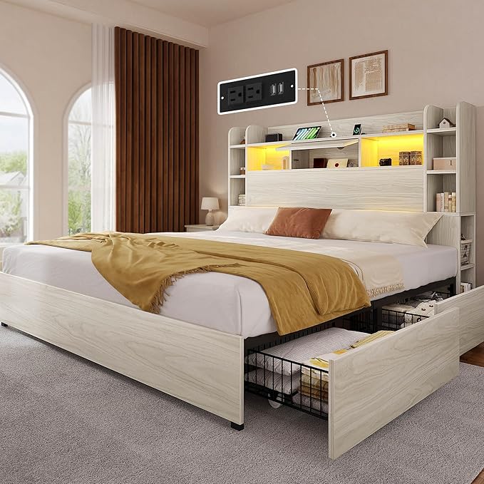 YITAHOME King Bed Frame with Bookcase Headboard and 4 Storage Drawers, RGB LED Light Bed with Type-C & USB Charging Station Storage Headboard Bed Frame, No Box Spring Needed, Noise Free, Antique White