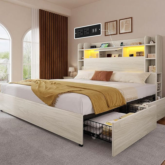 YITAHOME King Bed Frame with Bookcase Headboard and 4 Storage Drawers, RGB LED Light Bed with Type-C & USB Charging Station Storage Headboard Bed Frame, No Box Spring Needed, Noise Free, Antique White