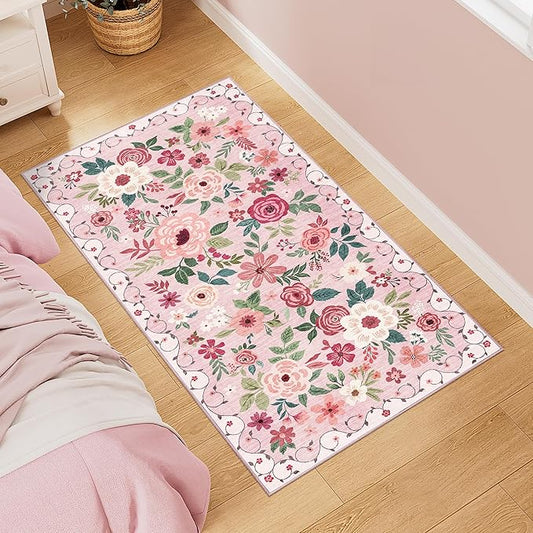 DUKINO 2x5 Runner Rug for Hallway, Washable Kitchen Floral Runner Rug with Non Slip Backing, Low Pile Soft Boho Carpet for Kitchen, Hallway, Entryway, Laundry, Bedroom, Pink