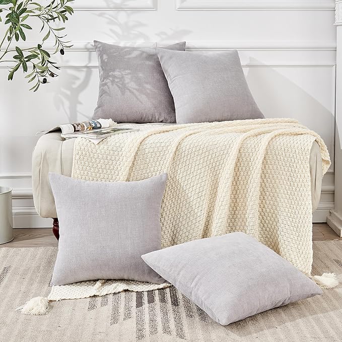 GAWAMAY Decorative Square Throw Pillow Covers 18"x18" Inch Set of 4, Super Soft Chenille Pillows Farmhouse Fall Pillowcase for Living Room Bedroom Sofa Couch Cushion Cover Light Grey 45x45cm