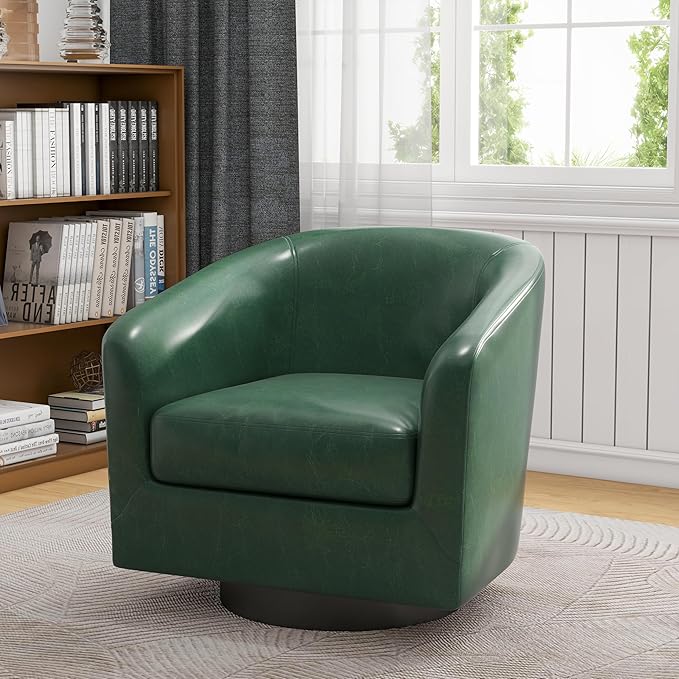 UIXE 360° Swivel Barrel Accent Chair Armchair, Faux Leather Modern Round Club Arm Chair Upholstered Single Sofa Seating Corner Nook Side Reading Seat for Living Room, Office, Bedroom - Green
