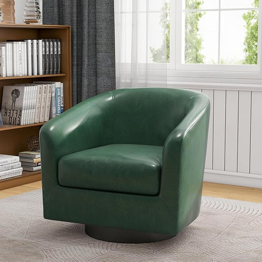 UIXE 360° Swivel Barrel Accent Chair Armchair, Faux Leather Modern Round Club Arm Chair Upholstered Single Sofa Seating Corner Nook Side Reading Seat for Living Room, Office, Bedroom - Green