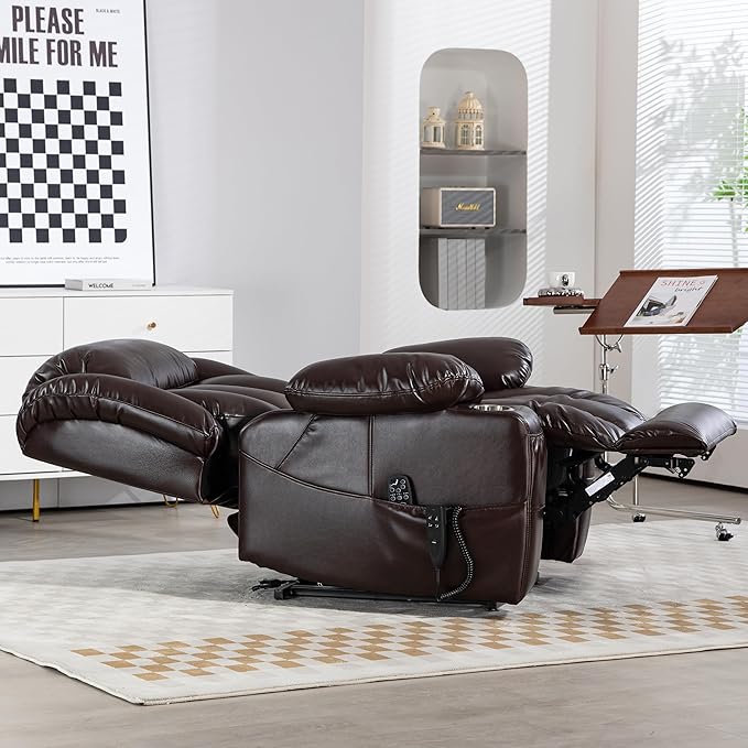 Electric Lay Flat Recliner Chair with Vibration Massage Heat for Elderly People, Power Lift Chair with Dual Motor Cup Holders, Faux Leather Red Brown