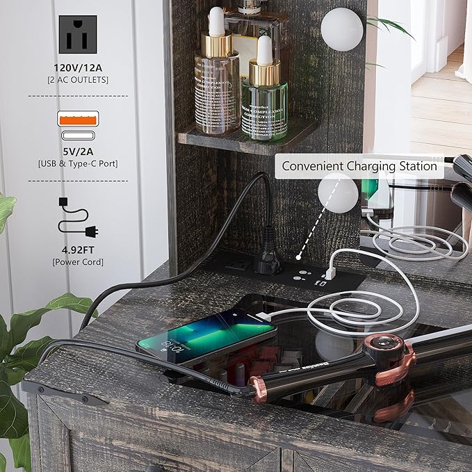 Makeup Vanity Desk Set with Mirror and Lights, Farmhouse Vanity Table with 6 Drawers/Large Storage, Brown Dressing Table 3 Colors Adjustable Lighting Brightness & Charging Station for Women