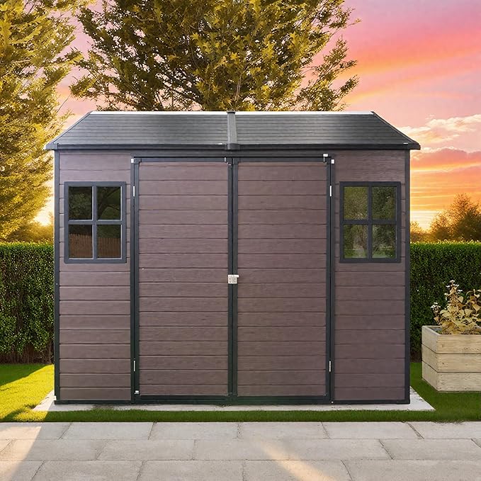 8x6 FT Outdoor Storage Resin Shed with Floor, Plastic Garden Tool Shed with Sloped Roof, Lockable Door & Windows, Easy to Assemble Bike Shed for Lawn, Backyard, Patio, Brown