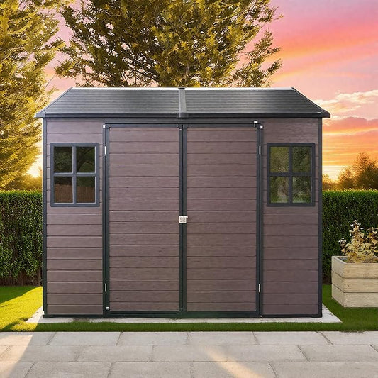 8x6 FT Outdoor Storage Resin Shed with Floor, Plastic Garden Tool Shed with Sloped Roof, Lockable Door & Windows, Easy to Assemble Bike Shed for Lawn, Backyard, Patio, Brown