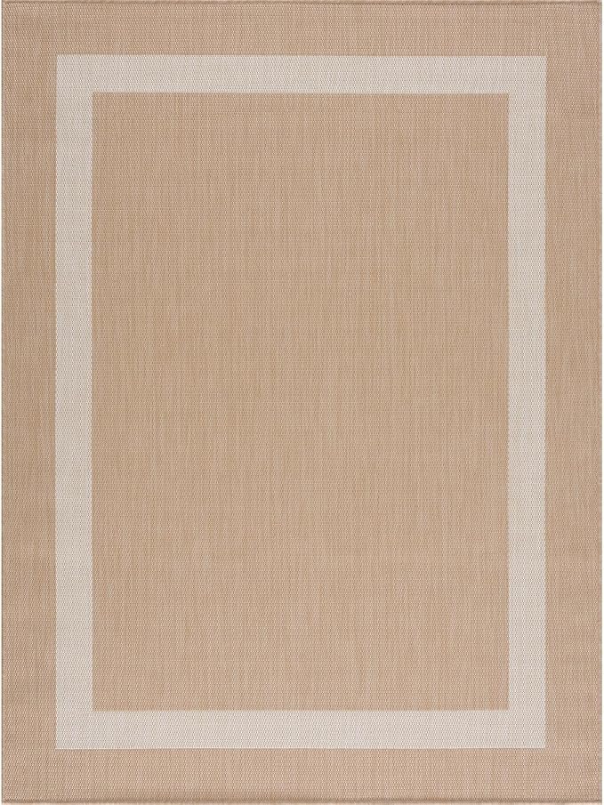 CAMILSON Outdoor Rug 10x14, Large Modern Outside Rugs for Patios Porches Waterproof Durable Washable Non-Shedding, Easy-to-Clean Indoor/Outdoor Area Carpet (10 x 14, Bordered - Beige/White)